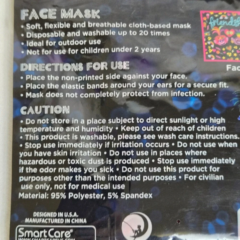Smart Care DreamWorks Trolls World Tour Disposable‎ Face Mask, 2+ Years Old, New